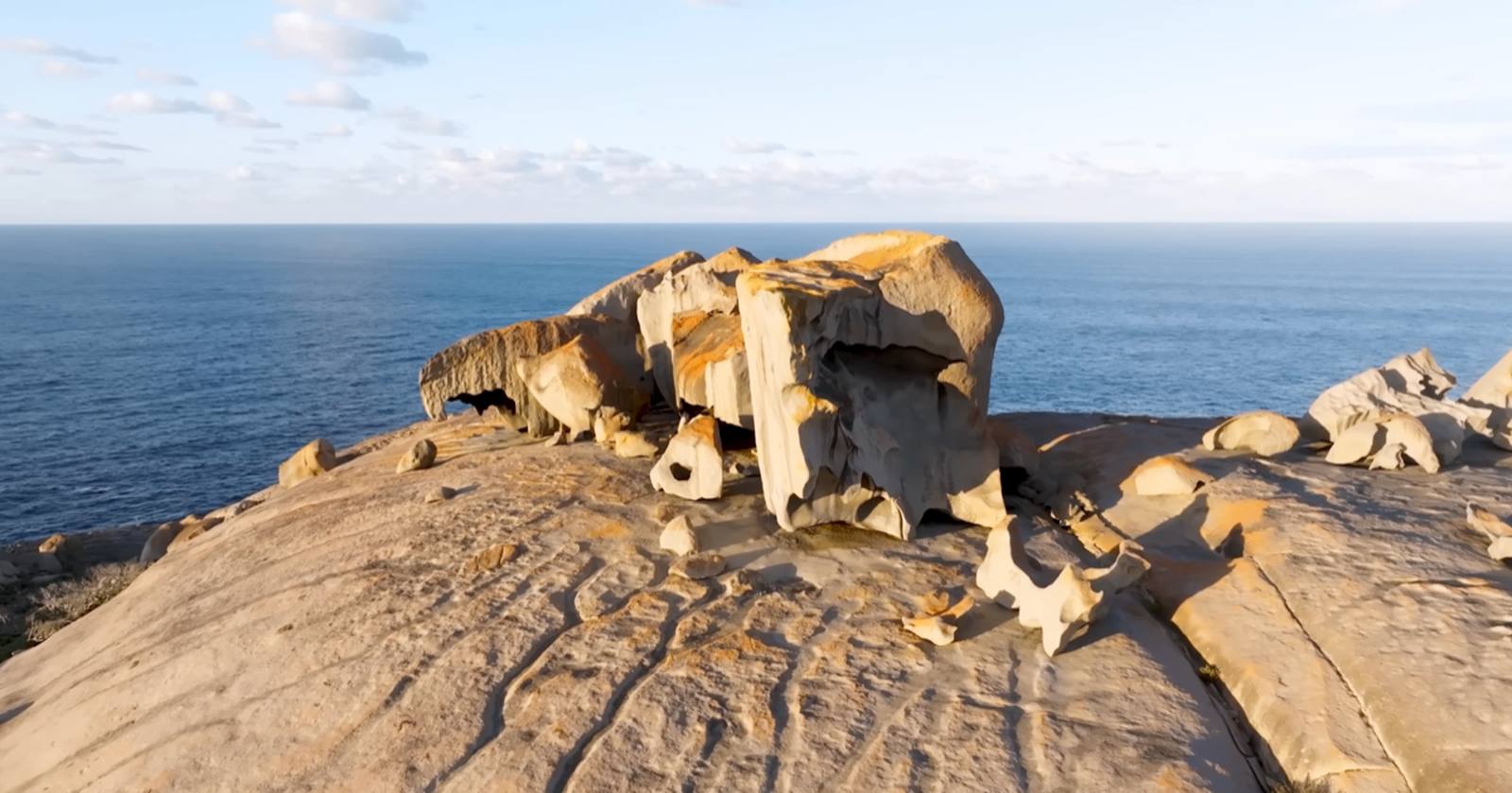 Aerial view of Kangaroo Island's Remarkable Rocks and rugged coastline at golden hour